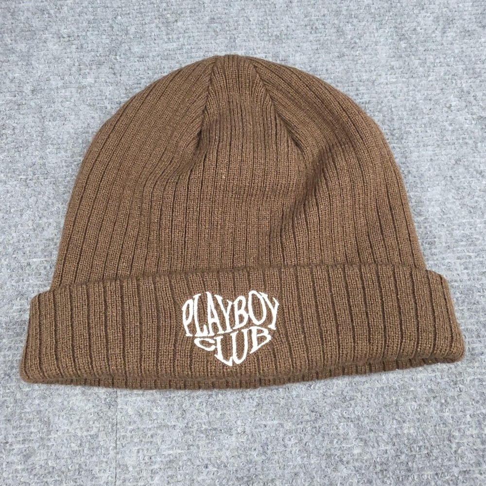 Playboy Club Beanie Hat Brown Knit Cuffed‎ One Size Mens Logo Winter Casual